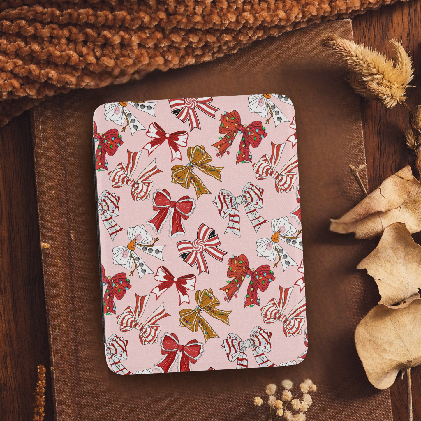 Coquette Christmas Cookie Bows Leather Kindle Case with Hand Strap