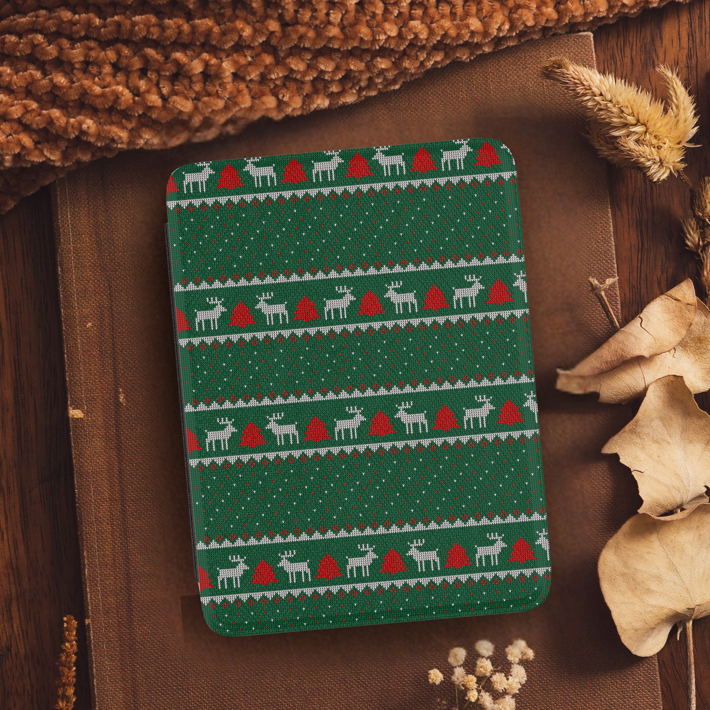 Reindeer Ugly Christmas Sweater Pattern Leather Kindle Case with Hand Strap