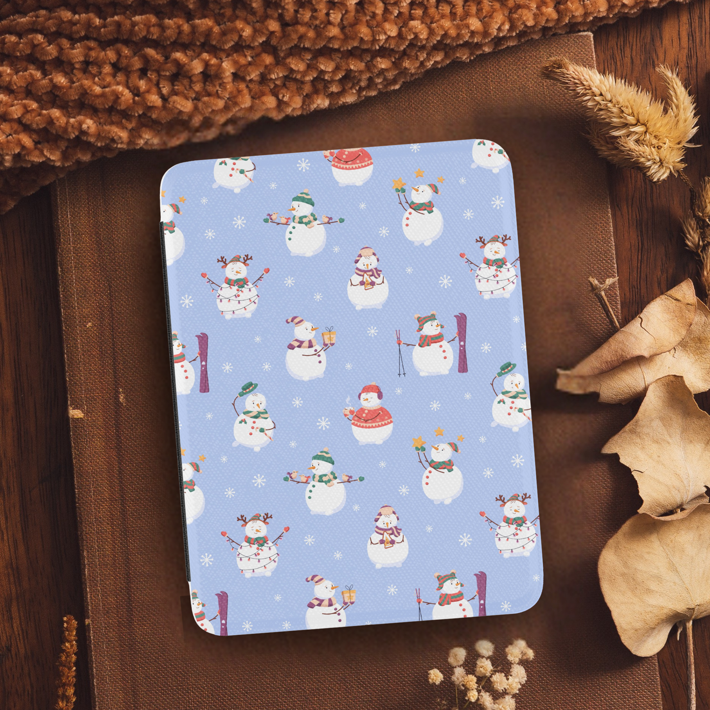 Skiing Snowmen Leather Kindle Case with Hand Strap
