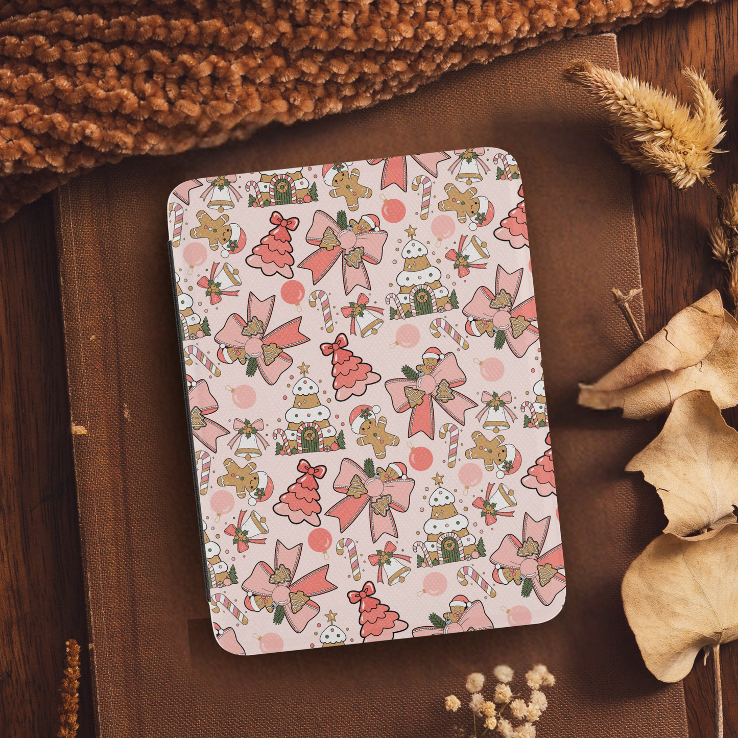 Coquette Gingerbread Bows Leather Kindle Case with Hand Strap