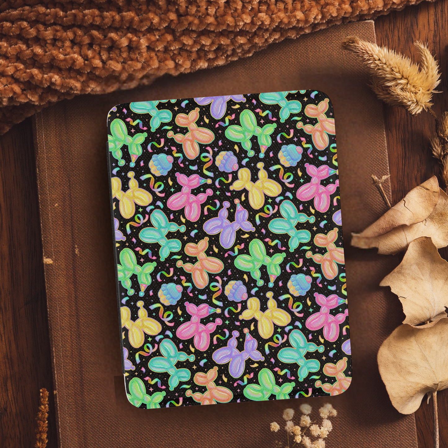 Colorful Balloon Dogs Leather Kindle Case with Hand Strap