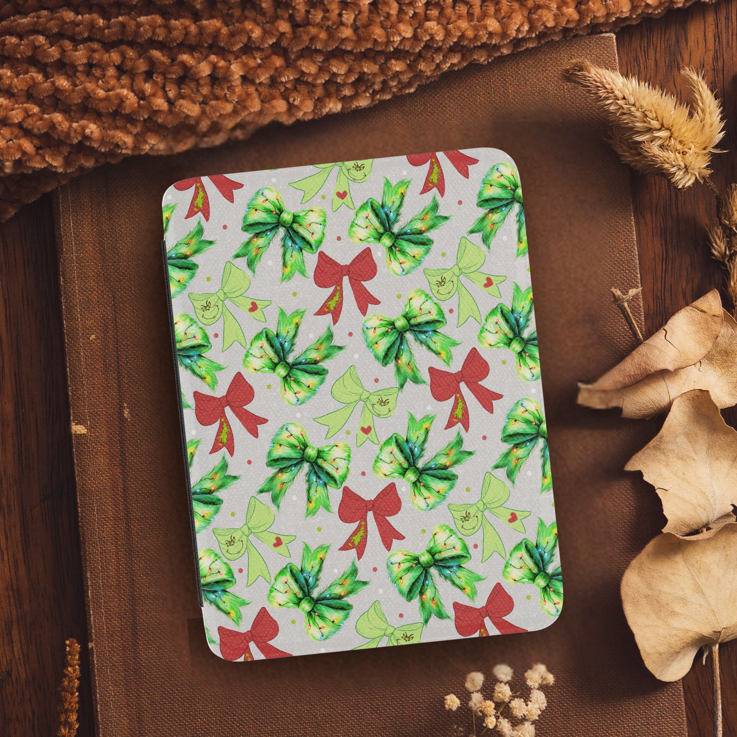 Coquette Christmas Grinch Bows Leather Kindle Case with Hand Strap