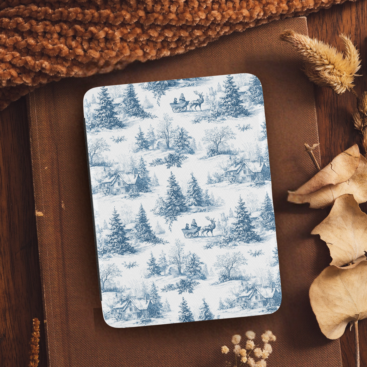 Winter Blue Toile De Jouy Leather Kindle Case with Hand Strap