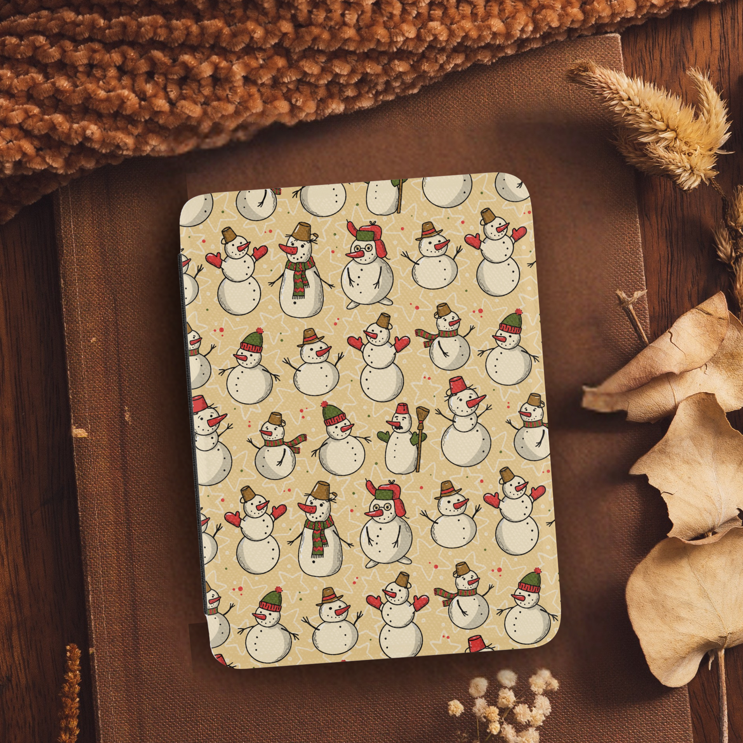 Vintage Snowmen Leather Kindle Case with Hand Strap