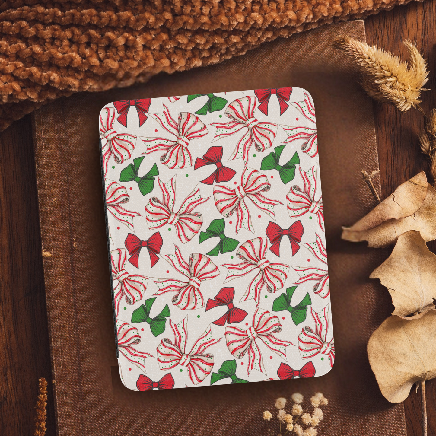 Coquette Christmas Cake Bows Leather Kindle Case with Hand Strap
