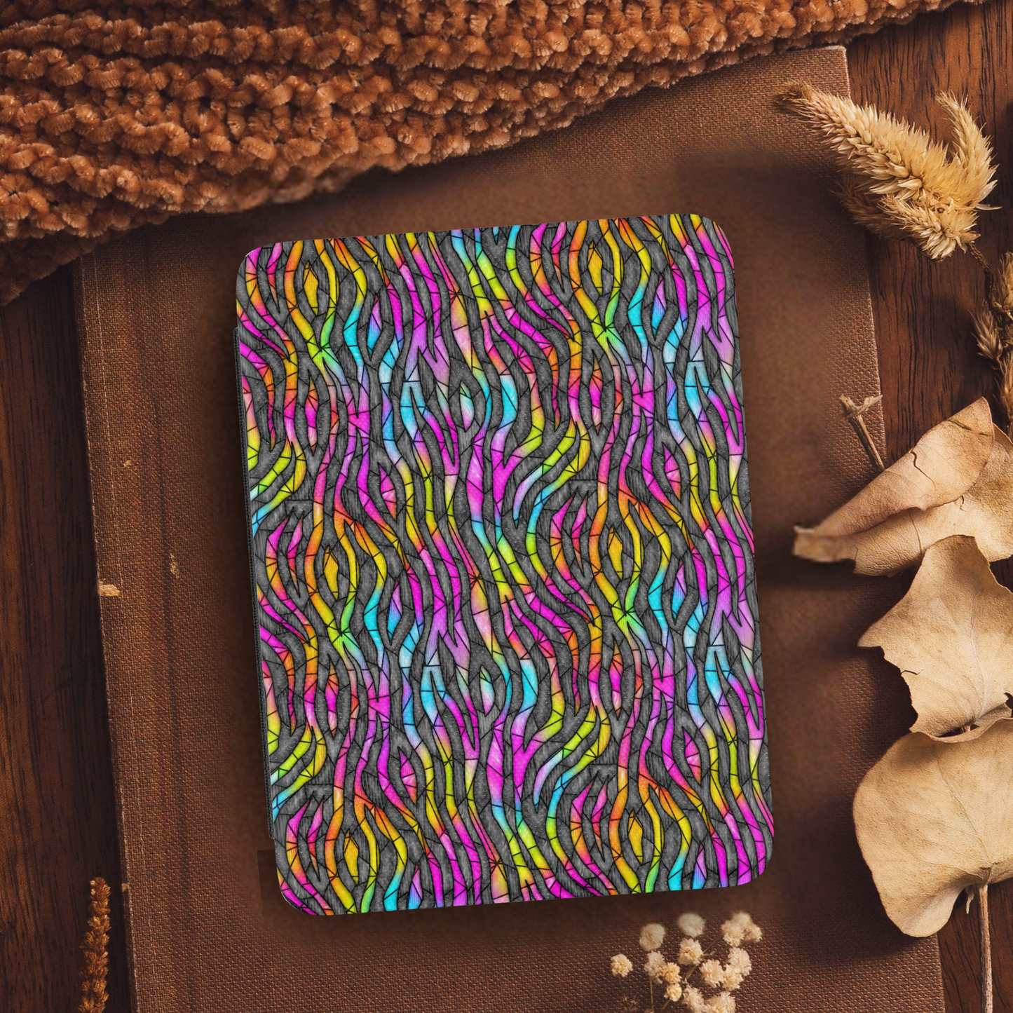 Lisa Frank Stained Glass Stripes Leather Kindle Case with Hand Strap