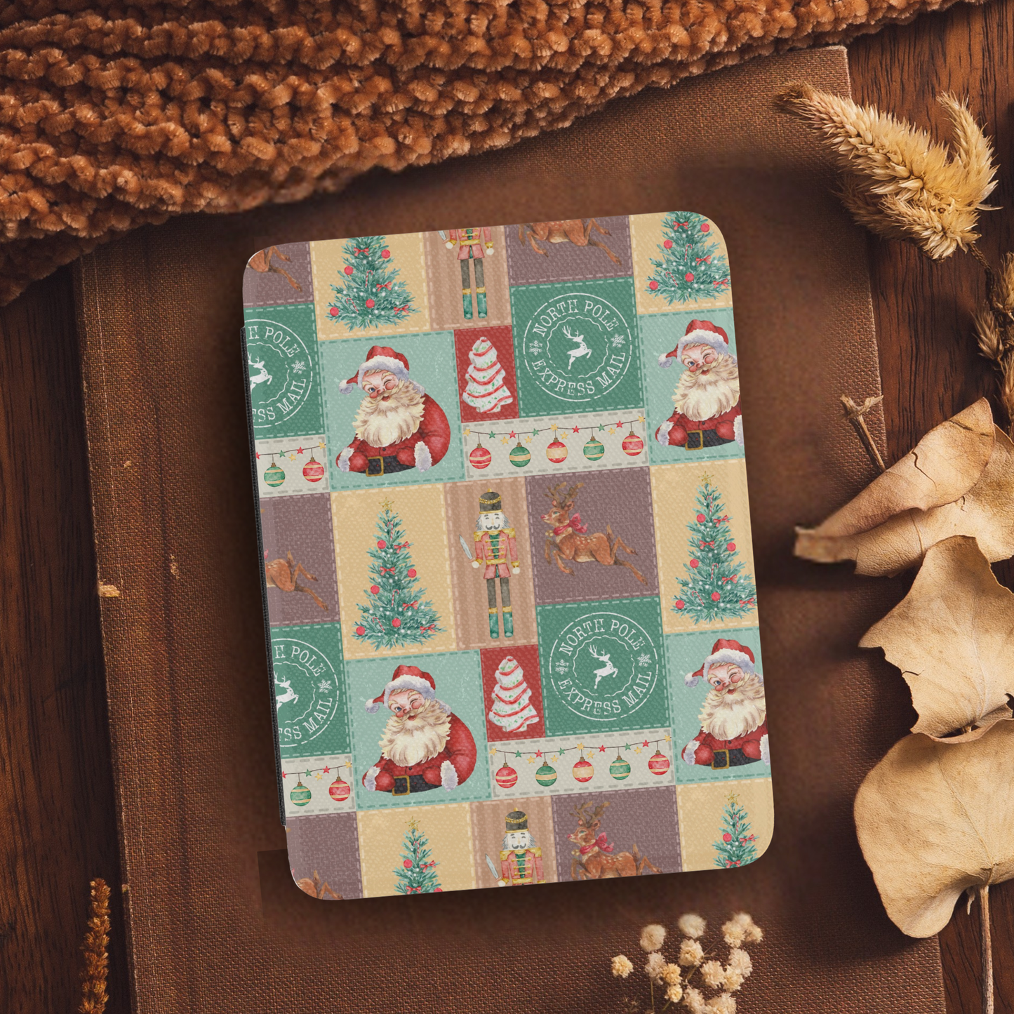 Vintage Christmas Patchwork Leather Kindle Case with Hand Strap