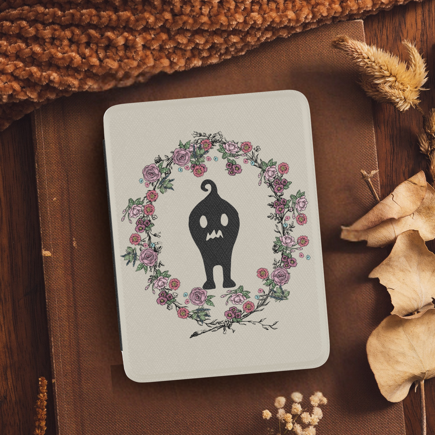 Stardew Valley Krobus Floral Leather Kindle Case with Hand Strap