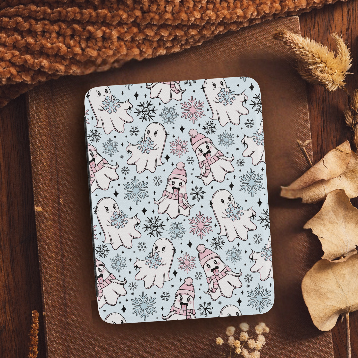 Winter Snowflake Ghosties Leather Kindle Case with Hand Strap