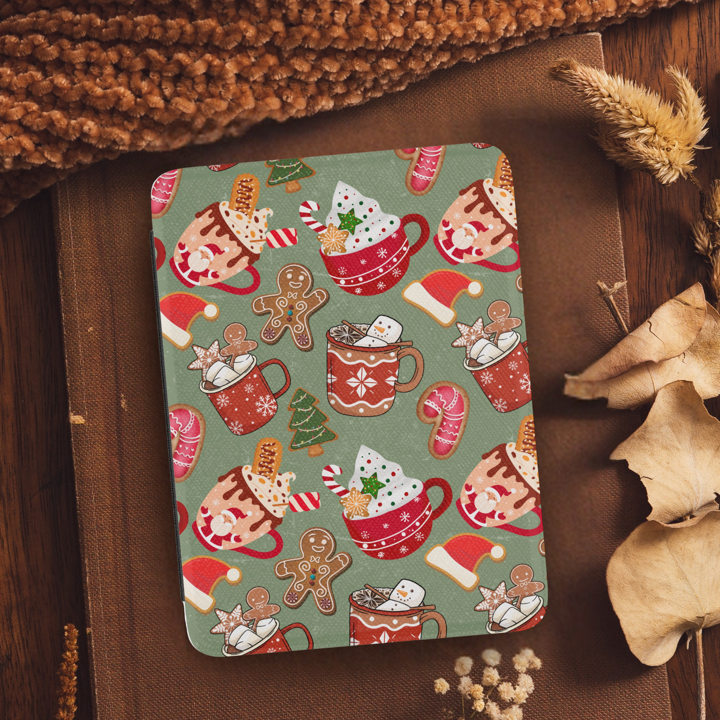 Cozy Christmas Hot Cocoa Leather Kindle Case with Hand Strap
