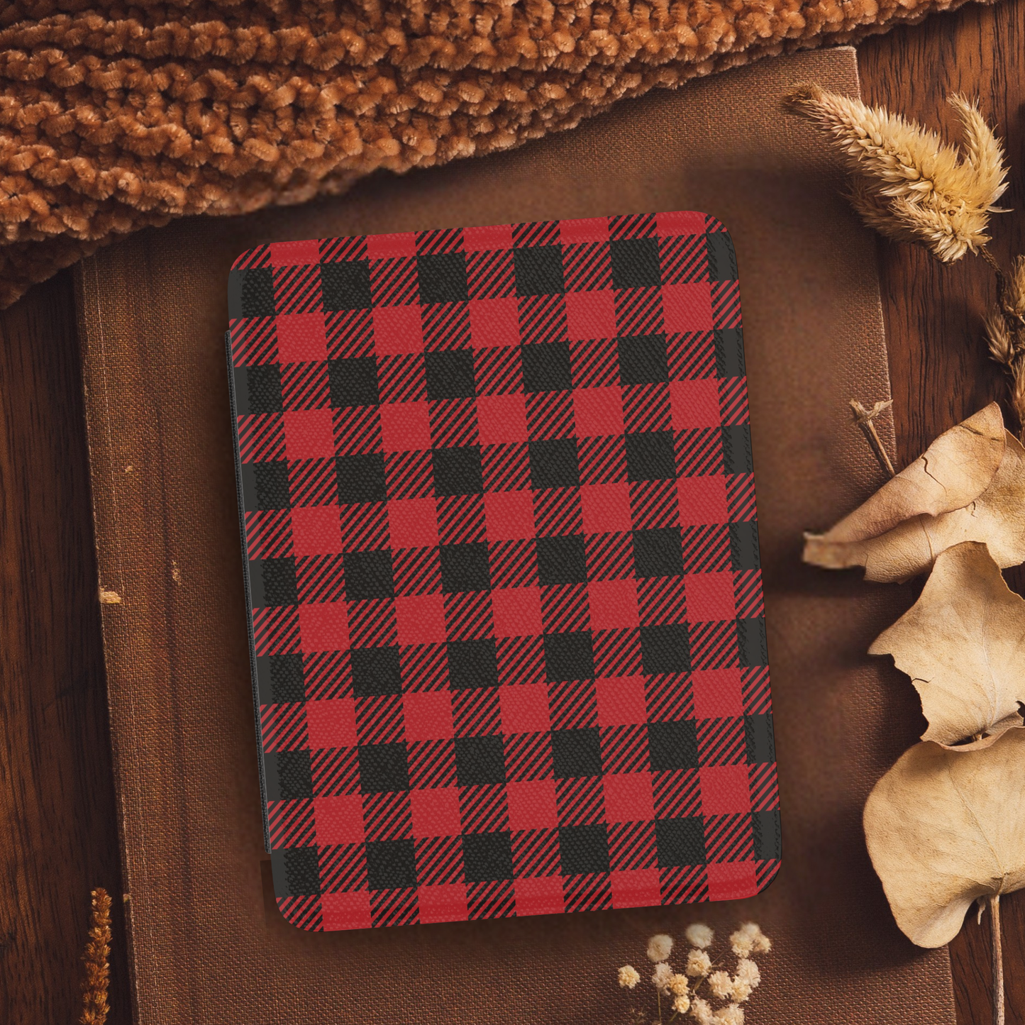Red Buffalo Plaid Leather Kindle Case with Hand Strap