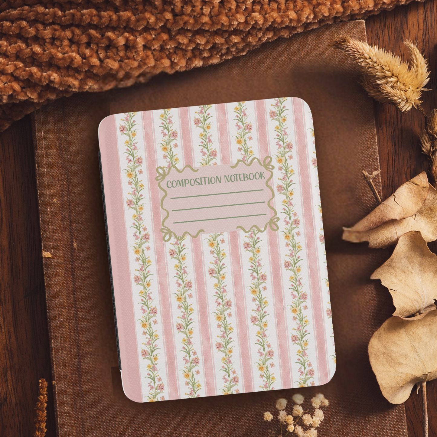 Floral Composition Notebook Leather Kindle Case with Hand Strap