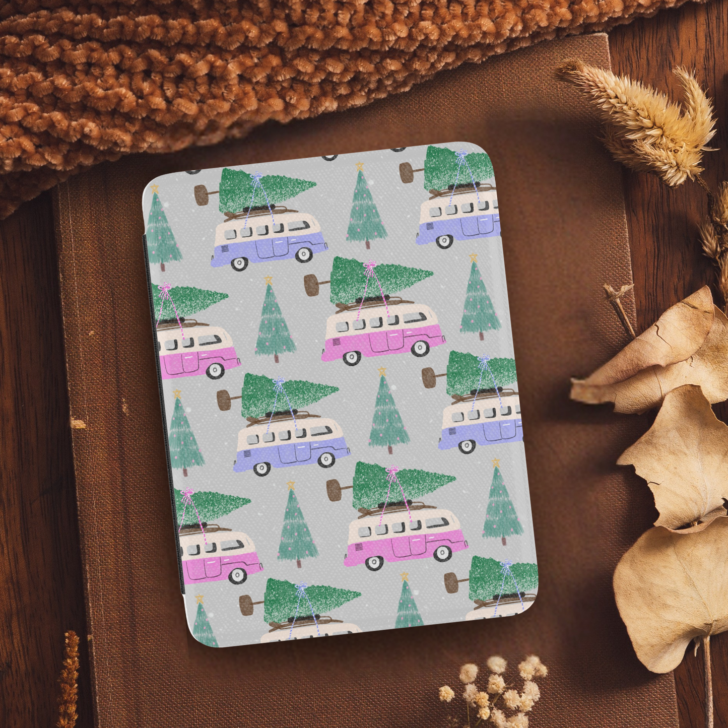 Christmas Tree Shopping Pattern Leather Kindle Case with Hand Strap
