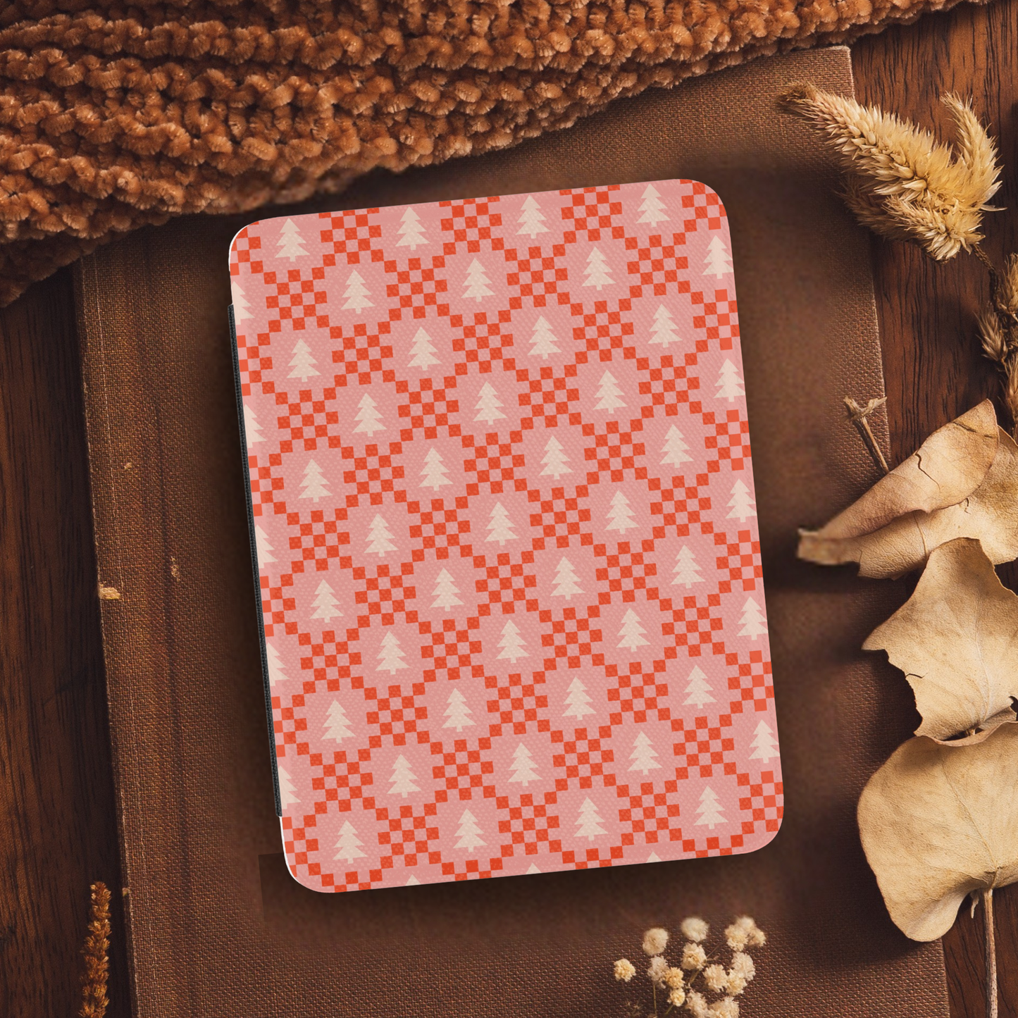 Christmas Tree Plaid Leather Kindle Case with Hand Strap