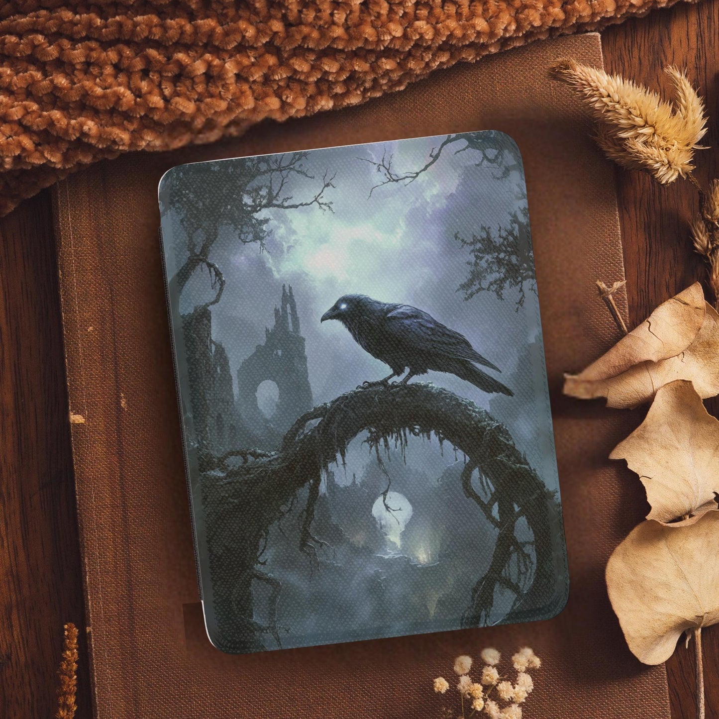 Gothic Spooky Raven Leather Kindle Case with Hand Strap