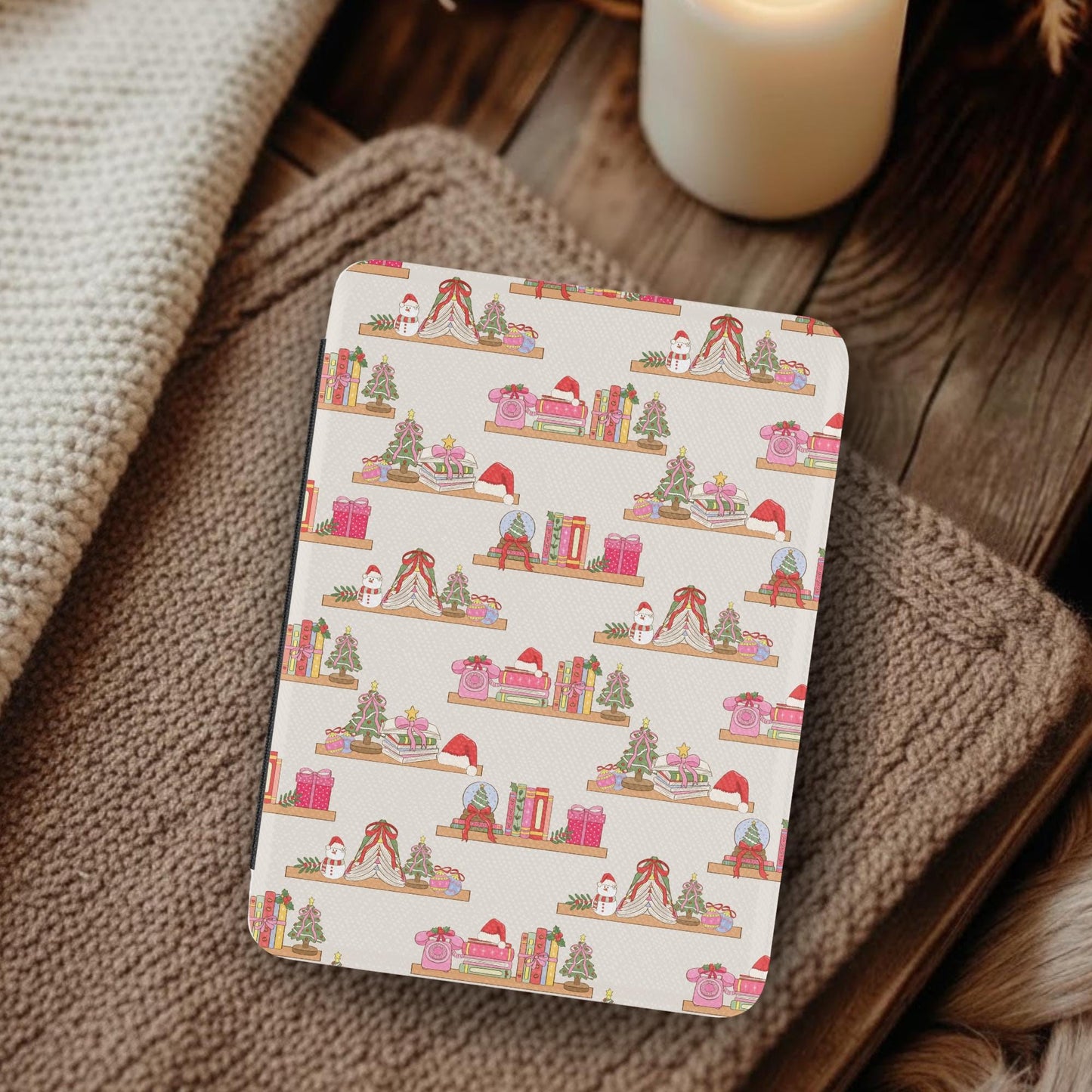 Bookish Christmas Shelves Leather Kindle Case with Hand Strap