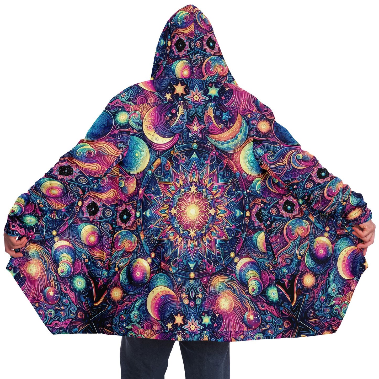 Psychedelic Celestial Sun Moons Fleece Lined Hooded Cloak