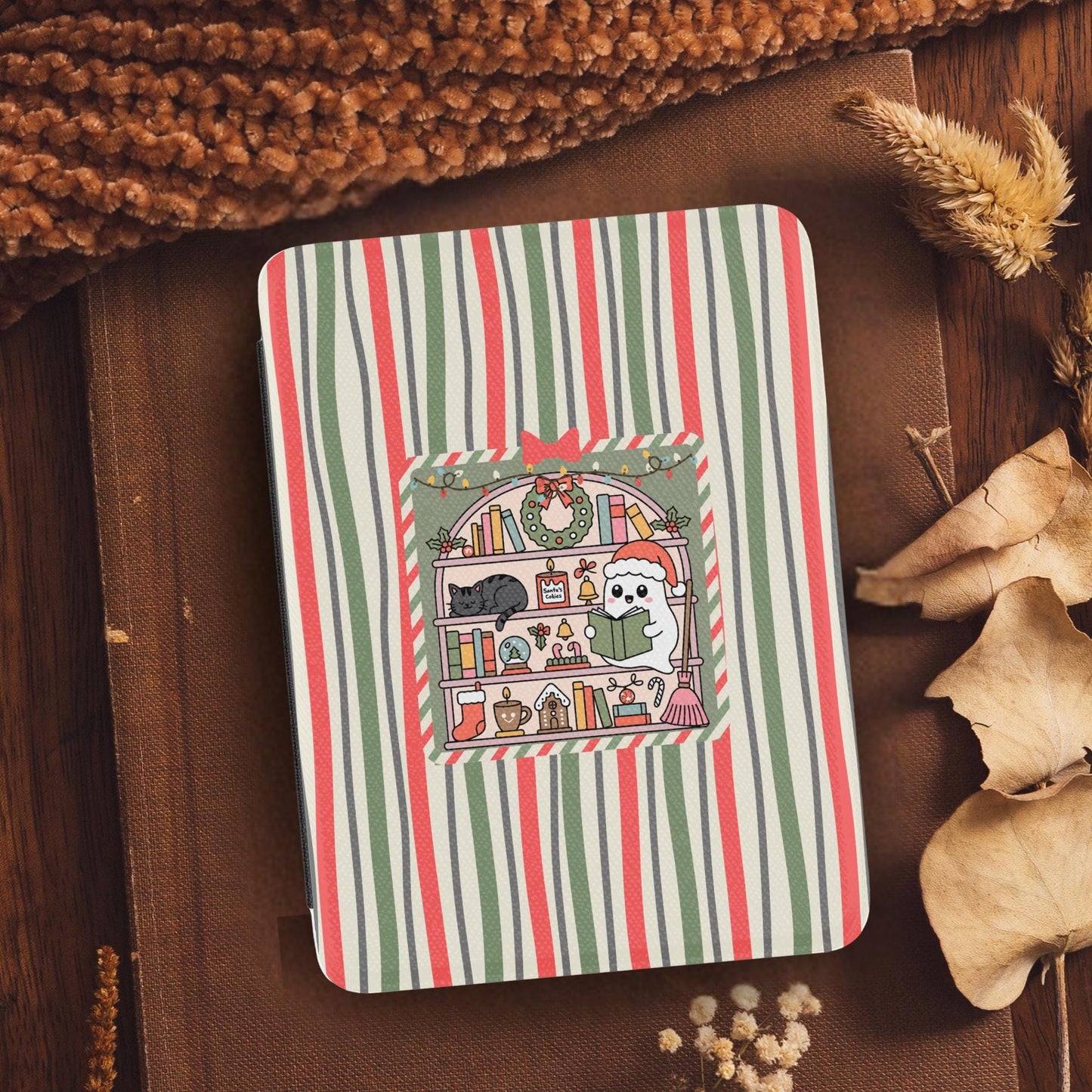 Christmas Stripe Ghost Bookish Leather Kindle Case with Hand Strap
