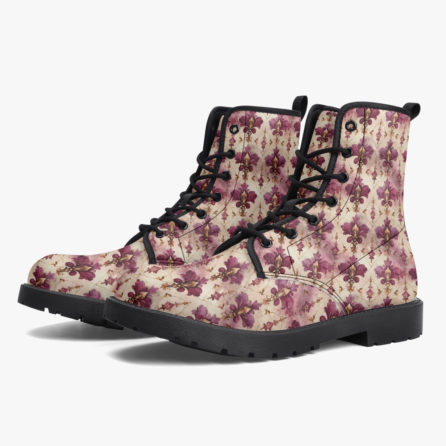 White Pink Damask Leather Combat Boots