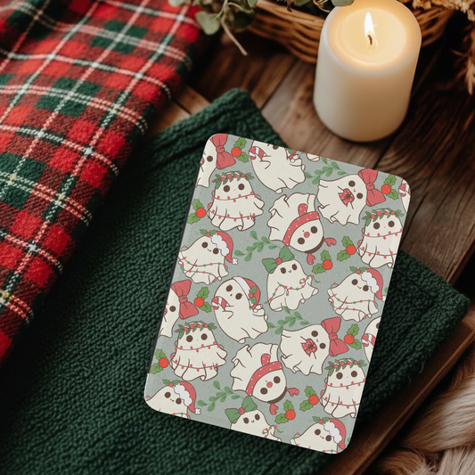 Christmas Ghosties Leather Kindle Case with Hand Strap featuring festive ghost pattern on cozy holiday background