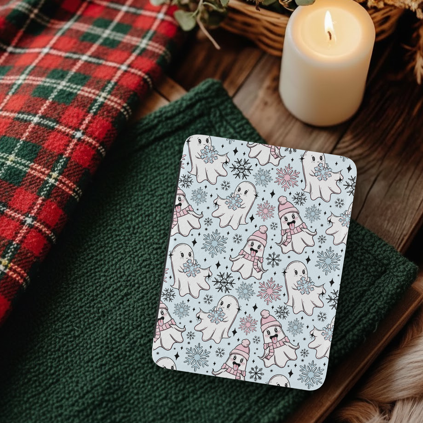 Winter Snowflake Ghosties Leather Kindle Case with Hand Strap
