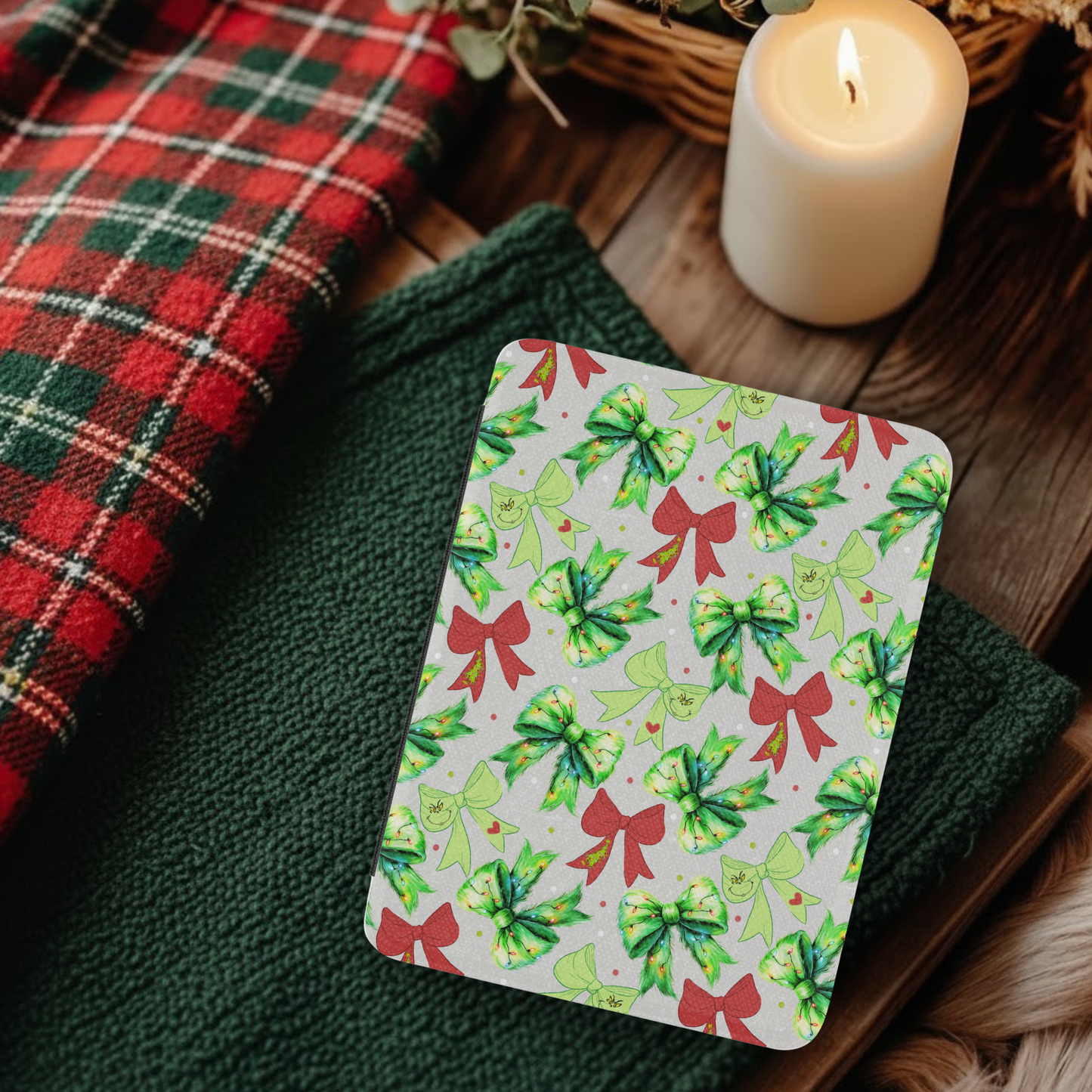 Coquette Christmas Grinch Bows Leather Kindle Case with Hand Strap