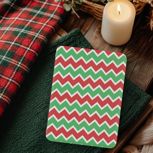 Christmas Chevron Pattern Leather Kindle Case with Hand Strap on cozy fabric with candle and holiday decor background