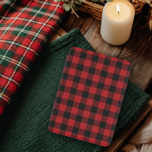 Red Buffalo Plaid Leather Kindle Case with Hand Strap