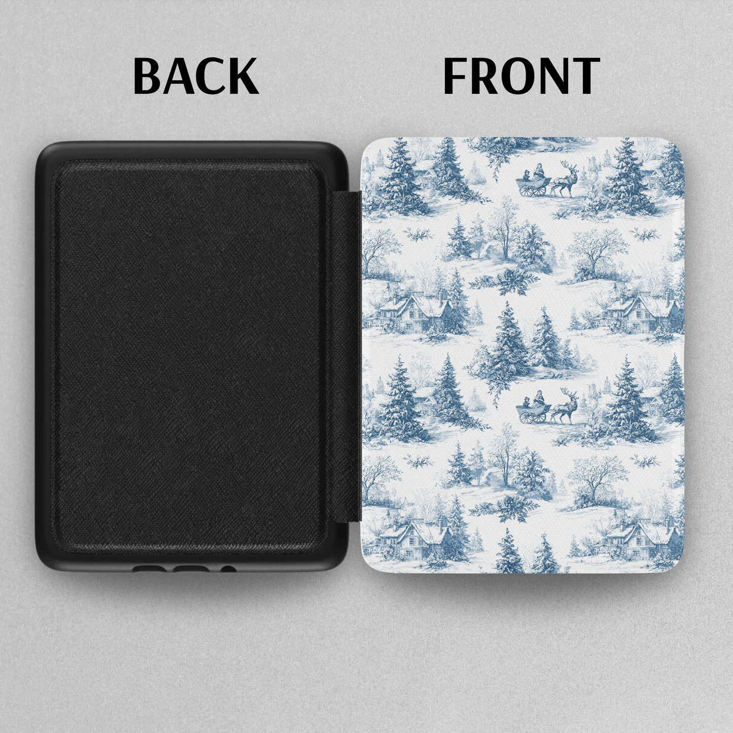 Winter Blue Toile De Jouy Leather Kindle Case with Hand Strap