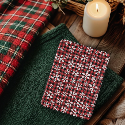Snowflake Buffalo Plaid Leather Kindle Case with Hand Strap
