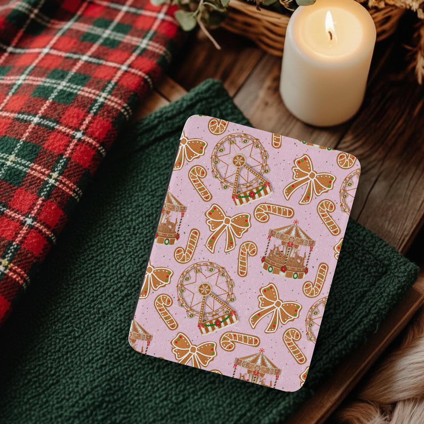 Gingerbread Cookies Fair Leather Kindle Case with Hand Strap featuring festive treats and carnival designs on a soft pink background