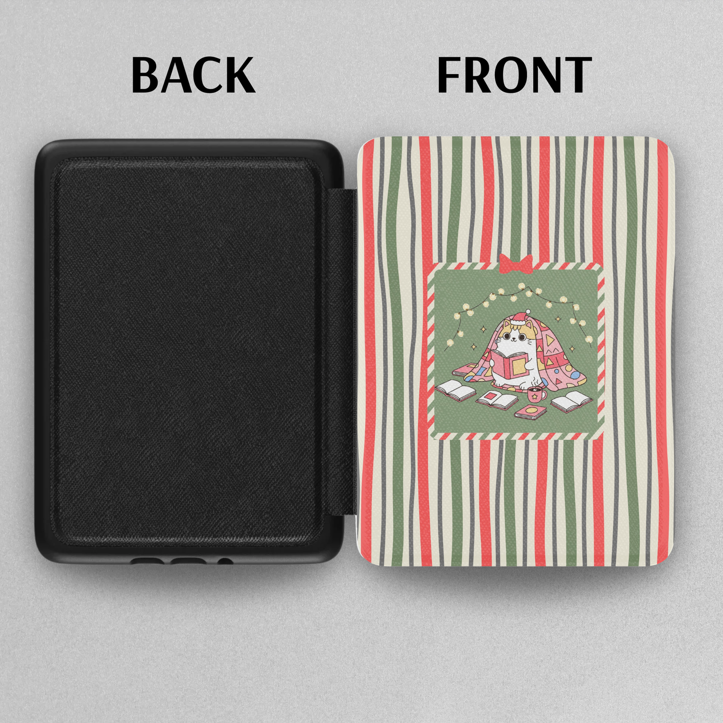 Christmas Cozy Cat Reading Leather Kindle Case with Hand Strap