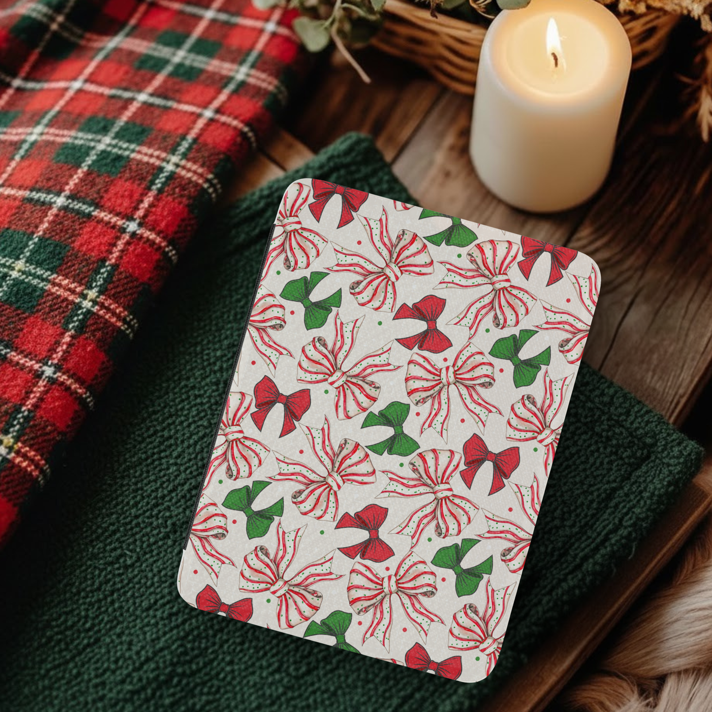 Coquette Christmas Cake Bows Leather Kindle Case with Hand Strap