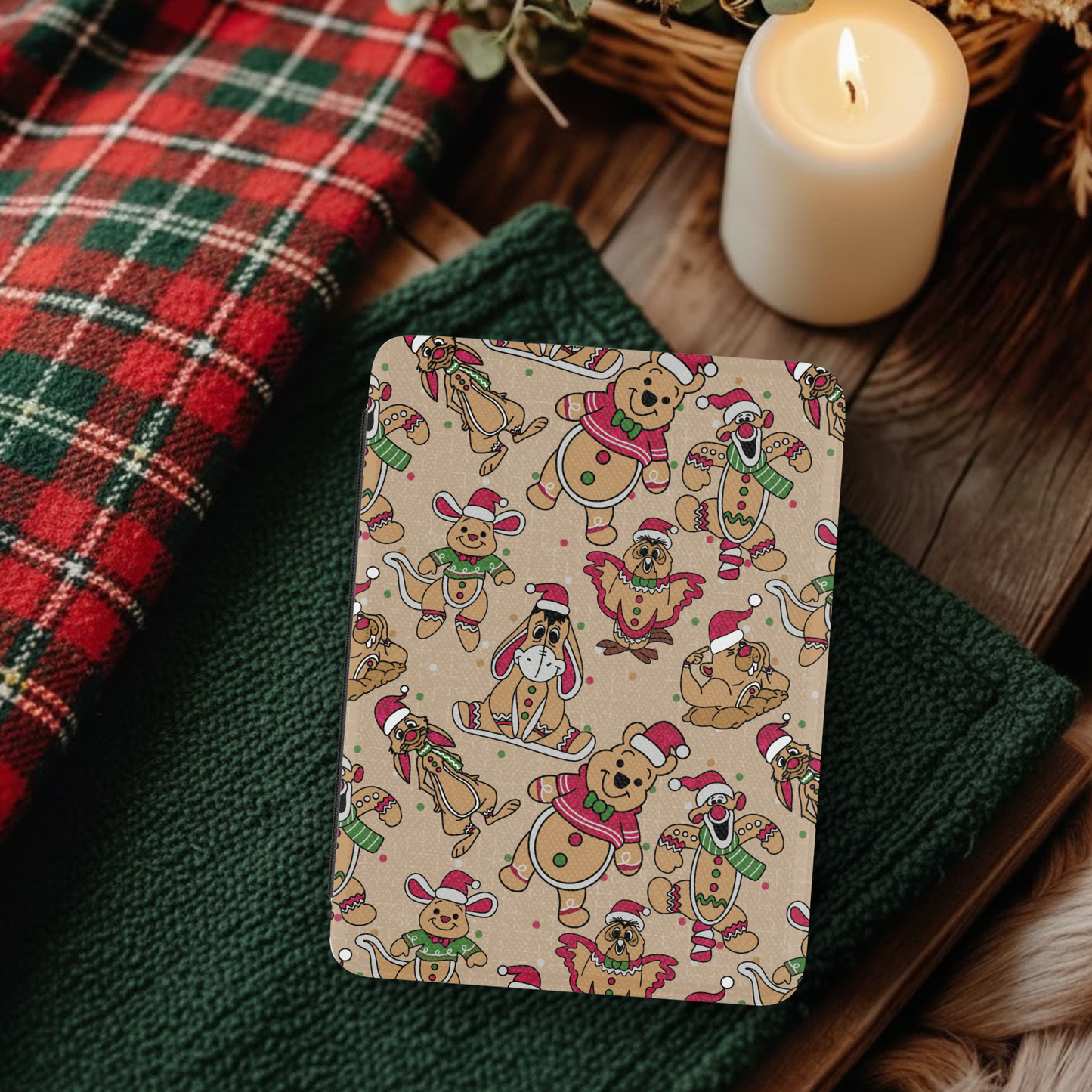 Christmas Winnie the Pooh Bear Leather Kindle Case with Hand Strap featuring festive holiday character pattern on rustic background
