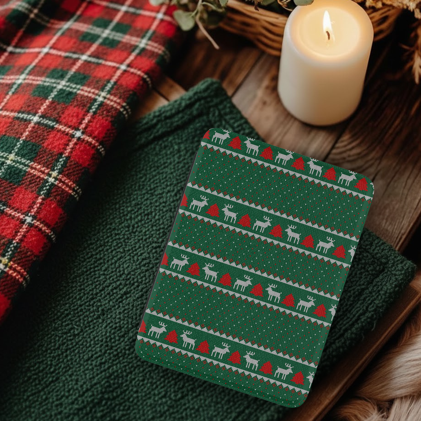 Reindeer Ugly Christmas Sweater Pattern Leather Kindle Case with Hand Strap