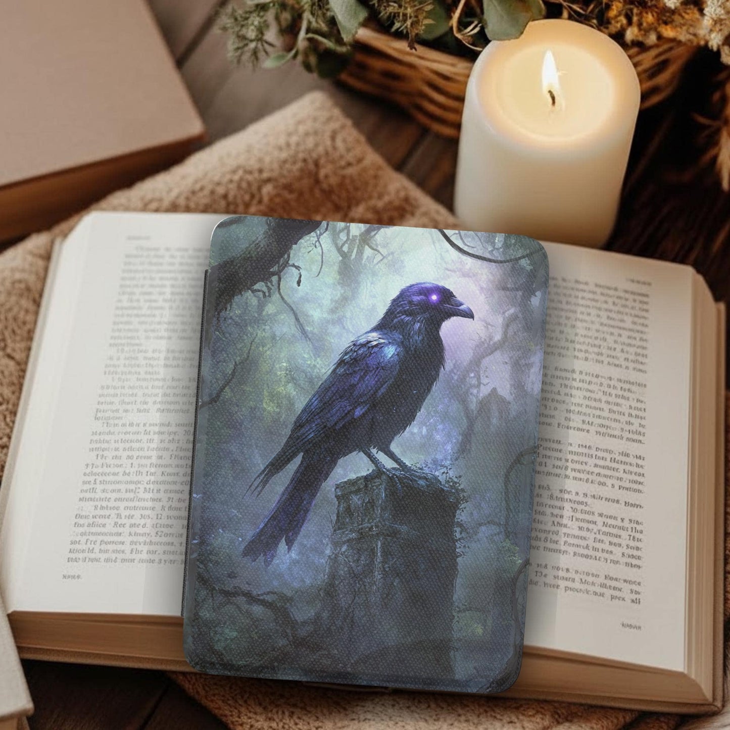 Gothic Creepy Raven Leather Kindle Case with Hand Strap