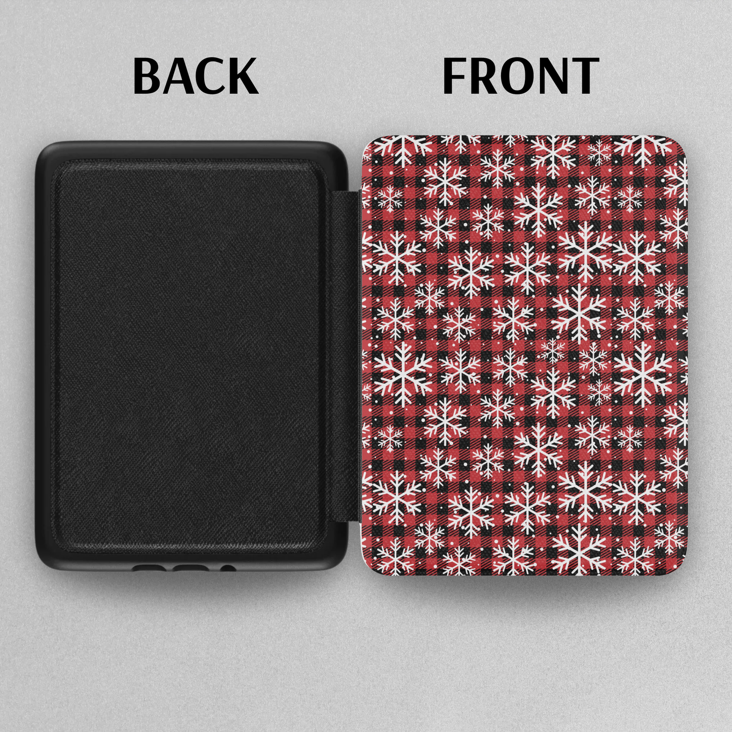 Snowflake Buffalo Plaid Leather Kindle Case with Hand Strap