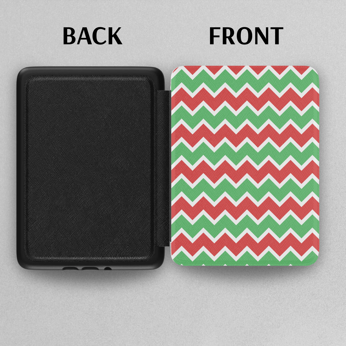 Christmas Chevron Pattern Leather Kindle Case with Hand Strap showing front red and green chevron and black back cover design