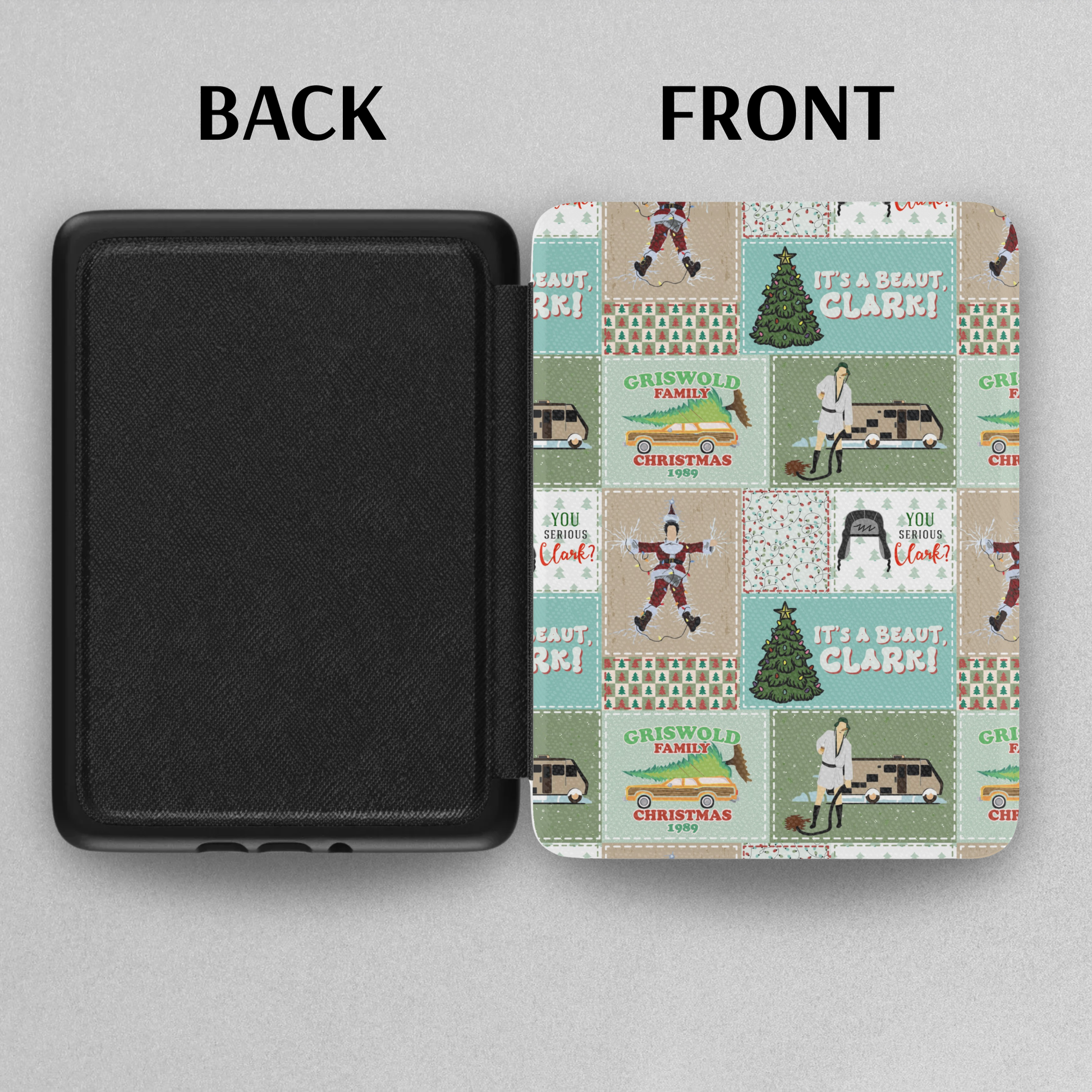 Christmas Vacation Patchwork Leather Kindle Case with Hand Strap showing front festive patch design and black textured back cover