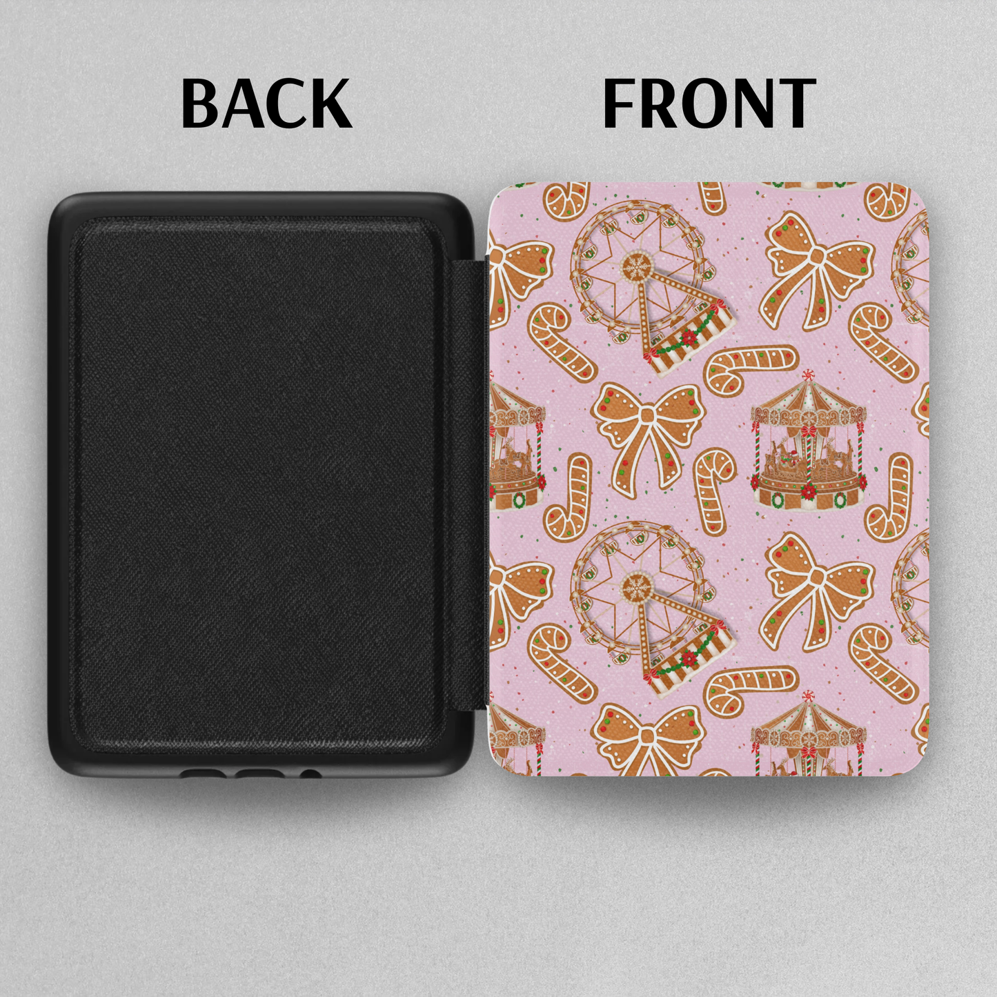 Gingerbread Cookies Fair Leather Kindle Case with Hand Strap showing front festive design and black back cover in detail