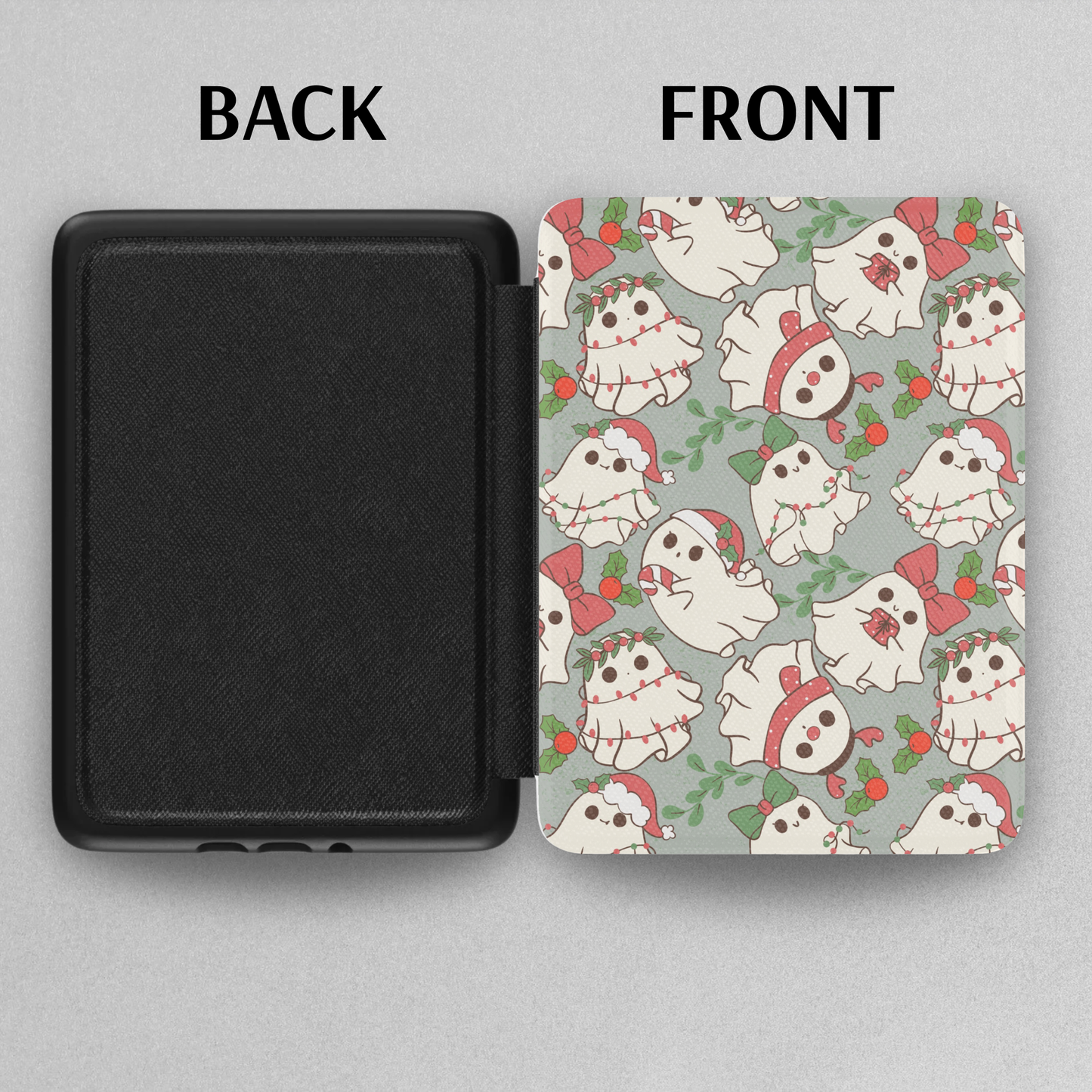 Christmas Ghosties Leather Kindle Case with Hand Strap showing festive ghost pattern and black leather back design.
