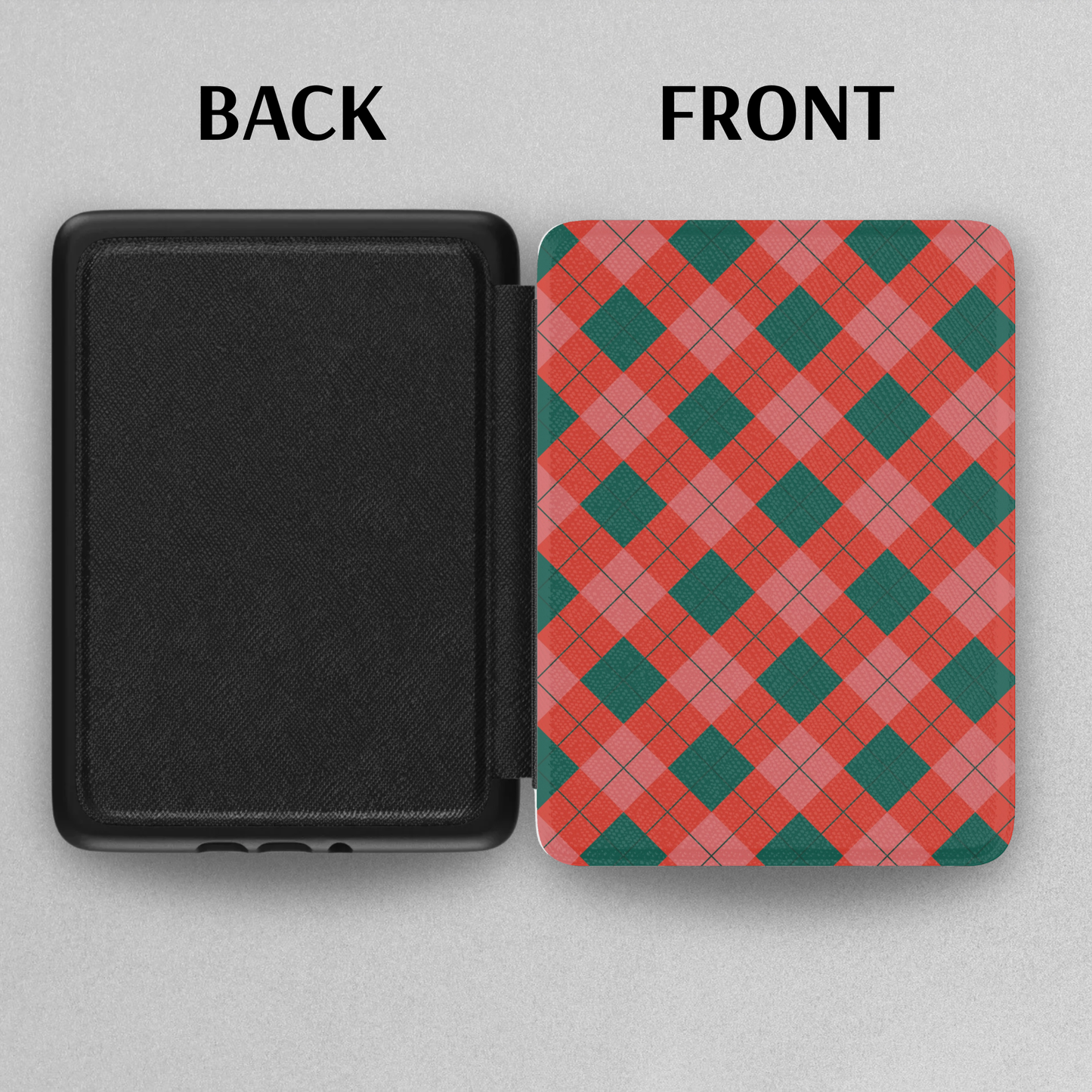 Classic Christmas Plaid Leather Kindle Case with Hand Strap showing red and green plaid front and black leather back views.