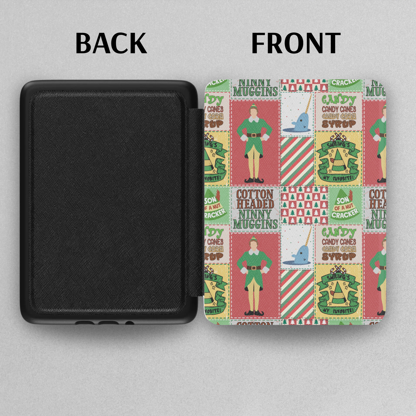Christmas Elf Patchwork Leather Kindle Case with Hand Strap showing festive colorful front and plain black back view