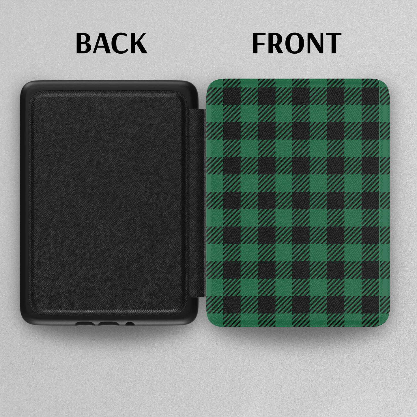 Green Buffalo Plaid Leather Kindle Case with Hand Strap showing front pattern and black leather back view