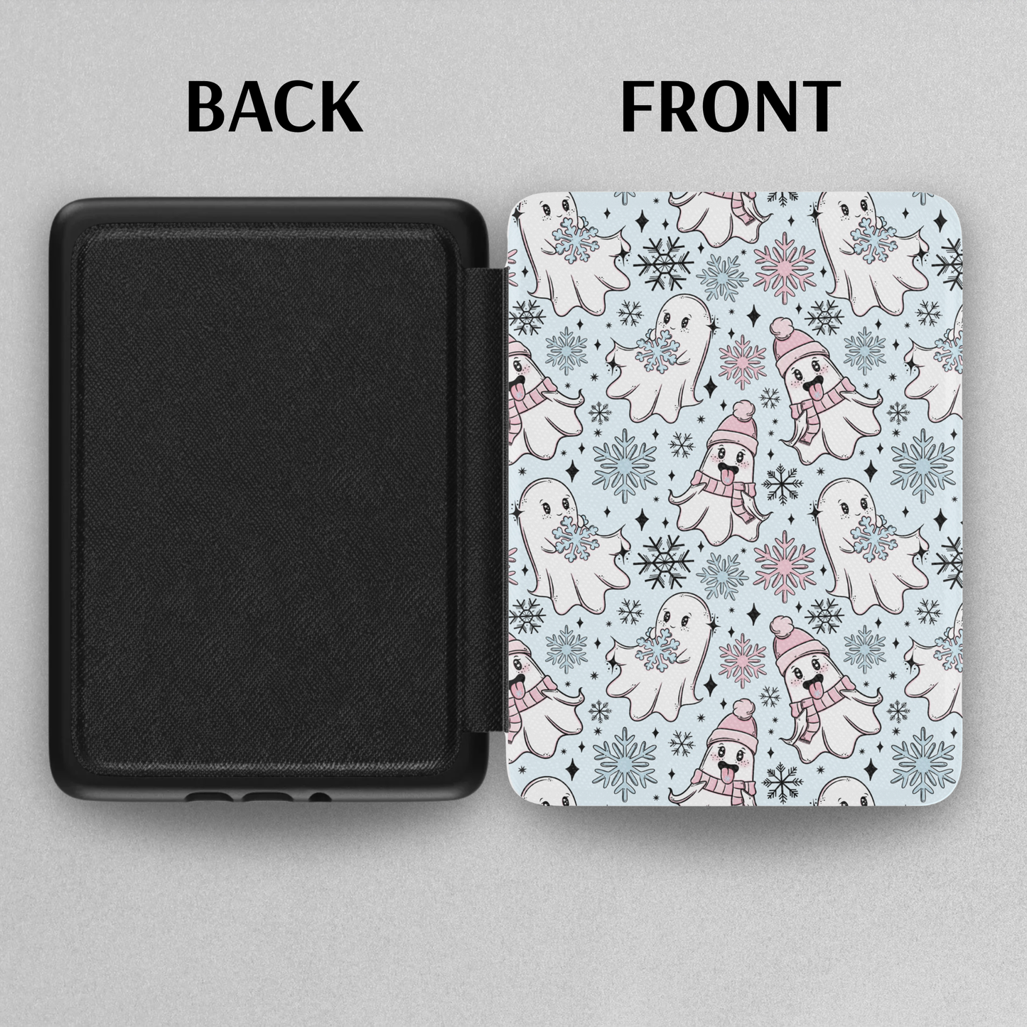 Winter Snowflake Ghosties Leather Kindle Case with Hand Strap