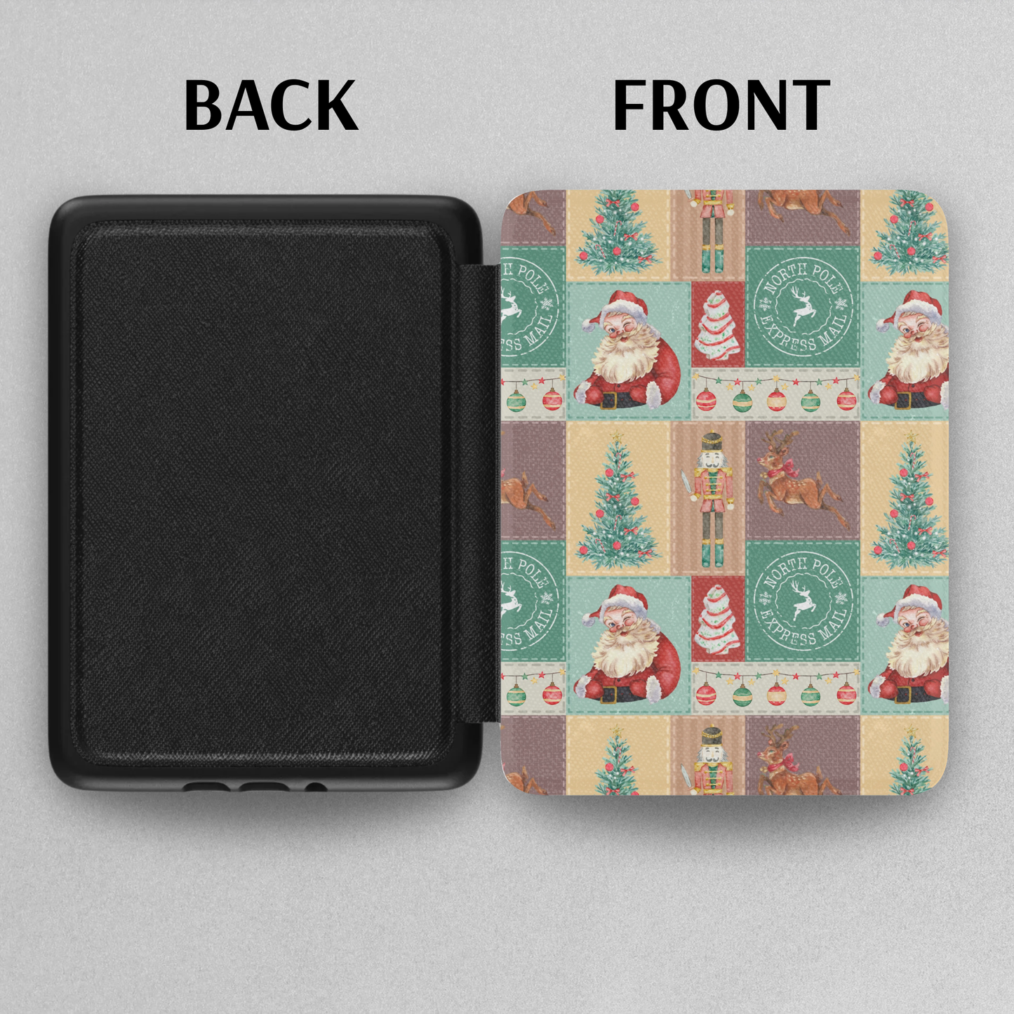 Vintage Christmas Patchwork Leather Kindle Case with Hand Strap