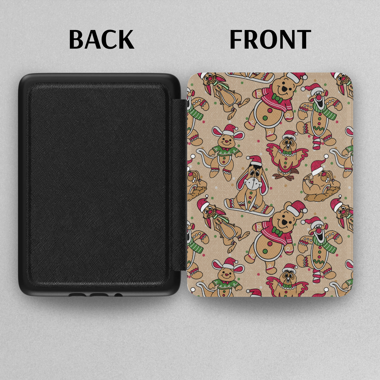 Christmas Winnie the Pooh Bear Leather Kindle Case with Hand Strap featuring festive character pattern on front and plain black back cover