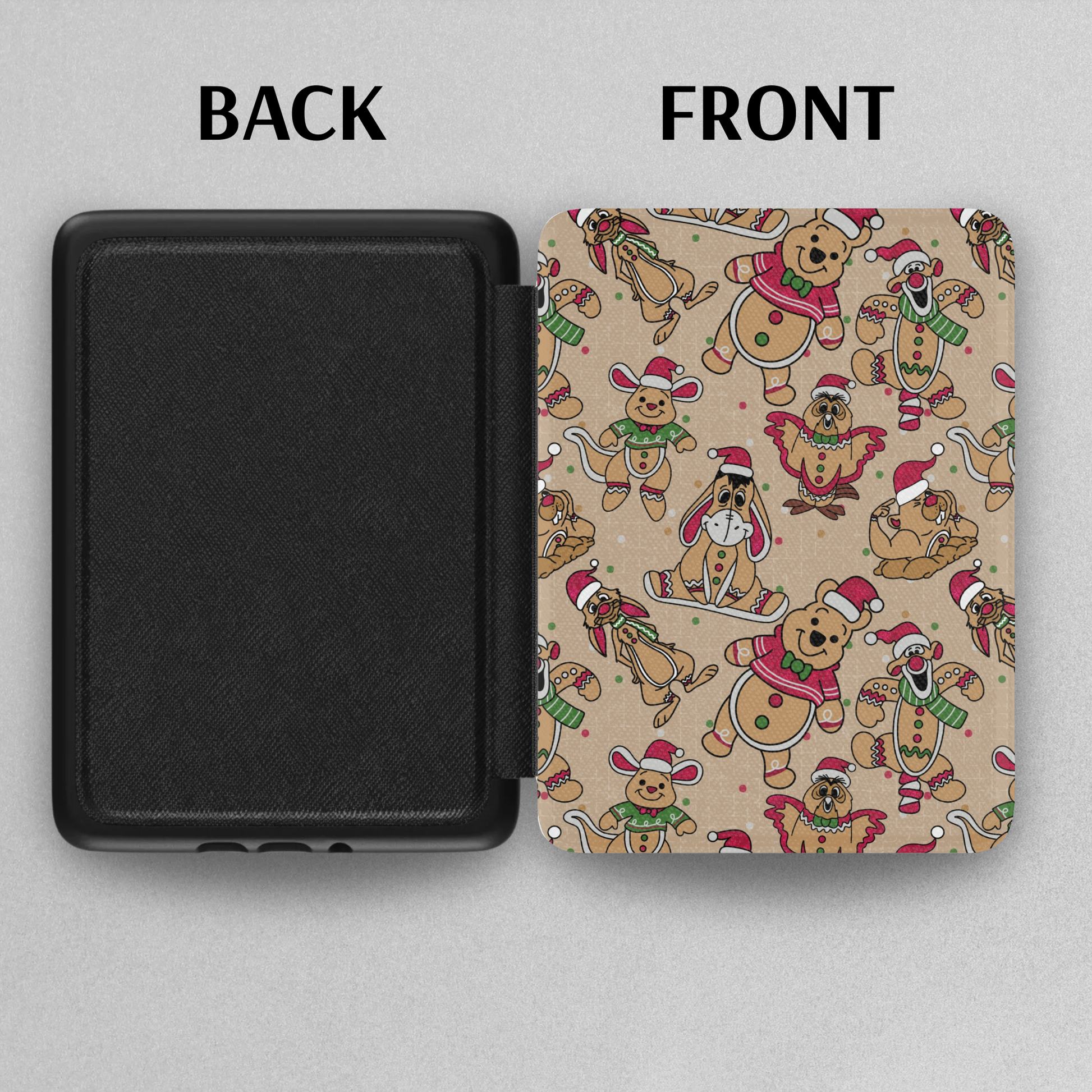 Christmas Winnie the Pooh Bear Leather Kindle Case with Hand Strap featuring festive character pattern on front and plain black back cover