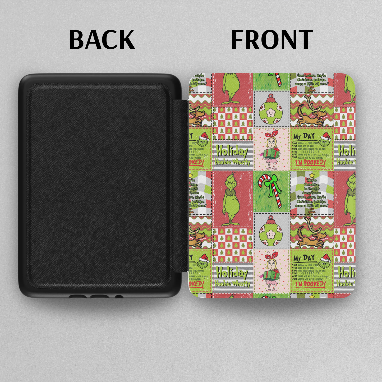 Christmas Grinch Patchwork Leather Kindle Case with Hand Strap showing colorful holiday design and solid black back cover.