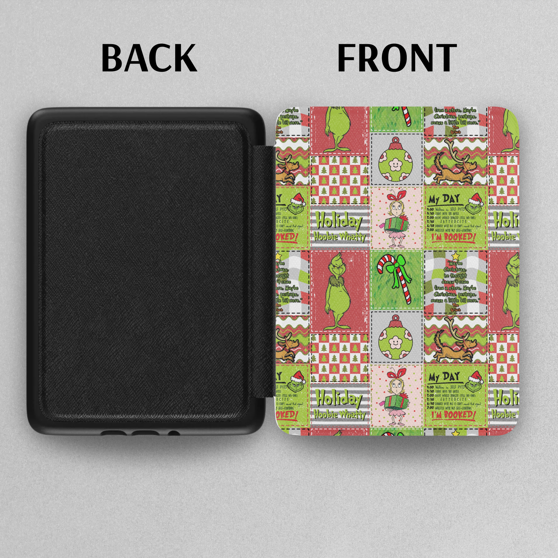 Christmas Grinch Patchwork Leather Kindle Case with Hand Strap showing colorful holiday design and solid black back cover.